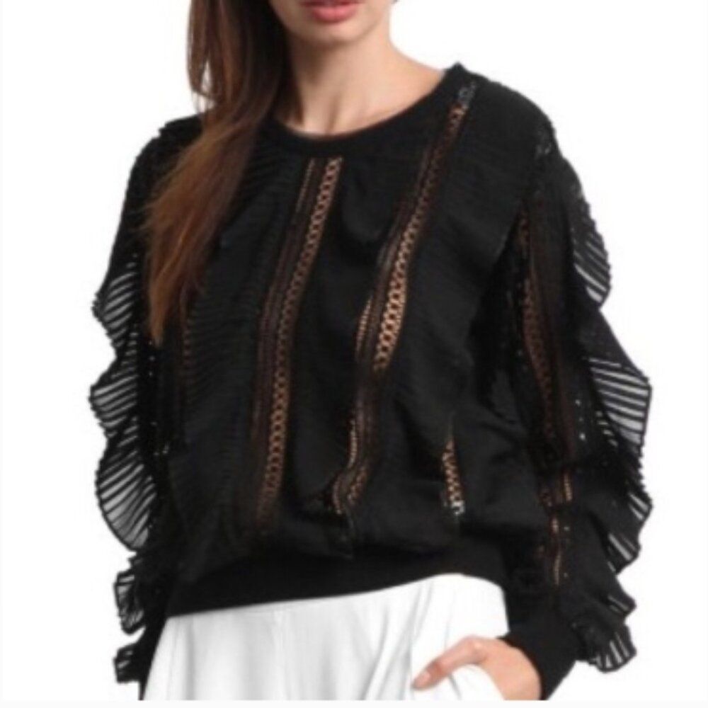 NWOT Garcia Pleats and Lace Detail See-Through Top Black in Size M